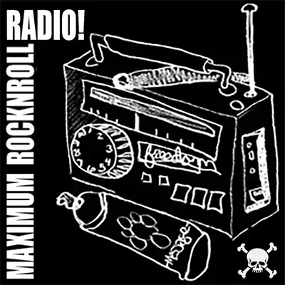 A portable transistor radio with its aerial up, drawn in white line on black, with the words Maximum Rocknroll running up the left edge.