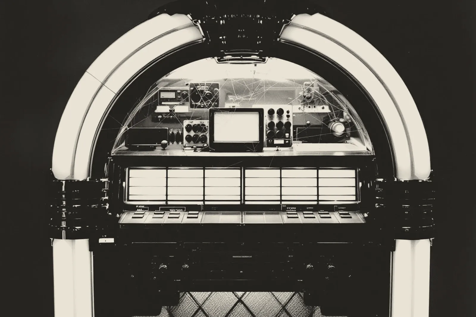 A jukebox seen straight on in the dark, its curved glass cracked across, rows of blank selector buttons below a window full of old radio equipment.