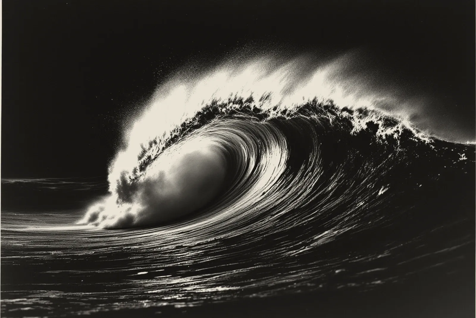A large wave curling over at night, its crest tearing into spray against a dark sky.