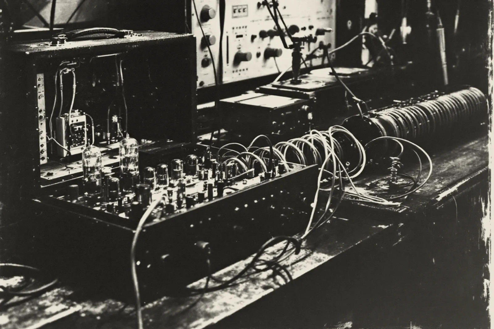 An amplifier chassis opened on a workbench, valves standing in their sockets, a long spring reverb tank lying beside it with its leads across the bench.
